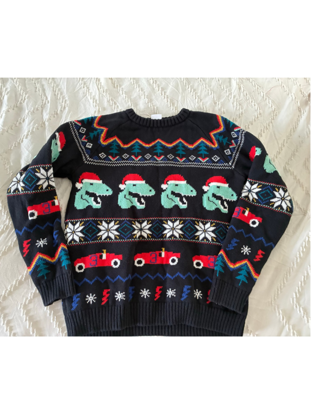 Hanna Andersson Christmas Sweater kids Size 12 Black Red Dinosaur Car Print